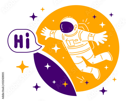 Vector illustration of cosmonaut in spacesuit exploring outer space. Astronaut flying in zero gravity on color background with star.