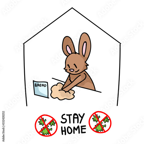 Corona virus covid 19 stay home cute bunny in self quarantine activity infographic. Self isolate support. Rabbit baking bread graphic. Viral isolation information. Vector caution sars cov 2 help.