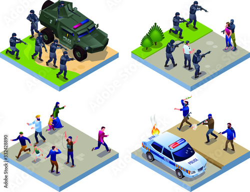 Antiterror Special Police Forces and Terrorists 2x2 illustration isometric icons on isolated background