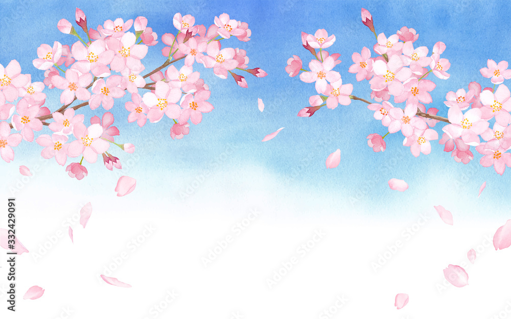 春の花 青空を背景に桜と散る花びらのアーチ型フレーム 水彩イラストのトレースベクター レイアウト変更可能 Stock Vektorgrafik Adobe Stock