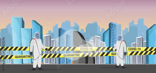 People in protective suits from the virus. The city is in quarantine. Coronavirus in the city. Yellow ribbons with black stripes. Vector illustration