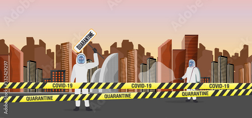 People in protective suits from the virus. The city is in quarantine. Coronavirus in the city. Yellow ribbons with black stripes. Vector illustration
