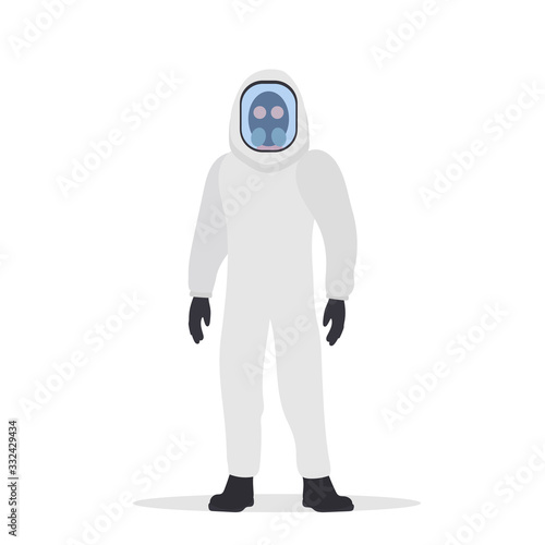 A man in a white protective suit is isolated on a white background. Flat style. Vector.