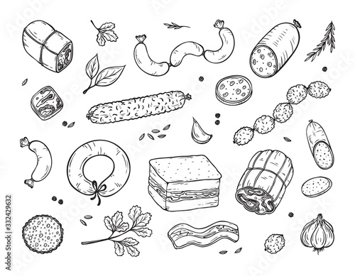 Vector Food. Sausages set. Meat products: Ready sausage, bacon, sliced saveloy, sausage, spicy pepperoni, smoked sausages, salami, baked meatloaf, frankfurters