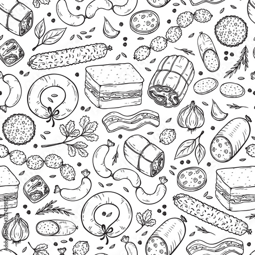 Vector Food background. Sausages Seamless pattern. Vector Meat products: Ready sausage, bacon, sliced saveloy, sausage, spicy pepperoni, smoked sausages, salami, baked meatloaf, frankfurters