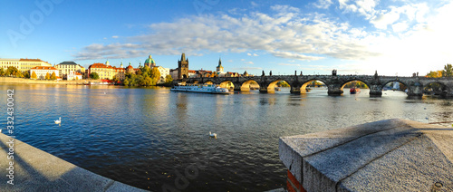 Panoramic of the emblematic Charles Bridge, in the city of Prague.