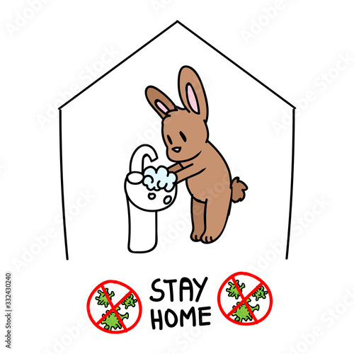 Corona virus covid 19 stay home cute bunny in self quarantine activity infographic. Self isolate support. Rabbit washing hands graphic. Viral isolation information. Vector caution sars cov 2 help.