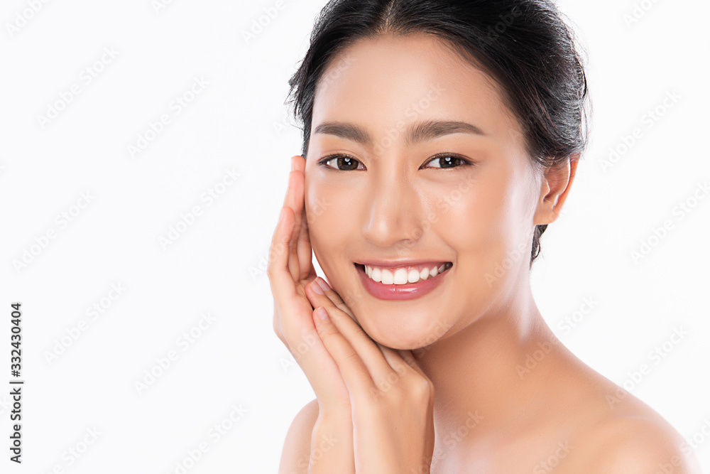 Beautiful Young Asian Woman with Clean Fresh Skin. Face care, Facial treatment, Cosmetology, beauty and healthy skin and cosmetic concept, woman beauty skin isolated on white background Beautiful Young Asian Woman with Clean Fresh Skin. Face care, Facial treatment, Cosmetology, beauty and healthy skin and cosmetic concept, woman beauty skin isolated on white background