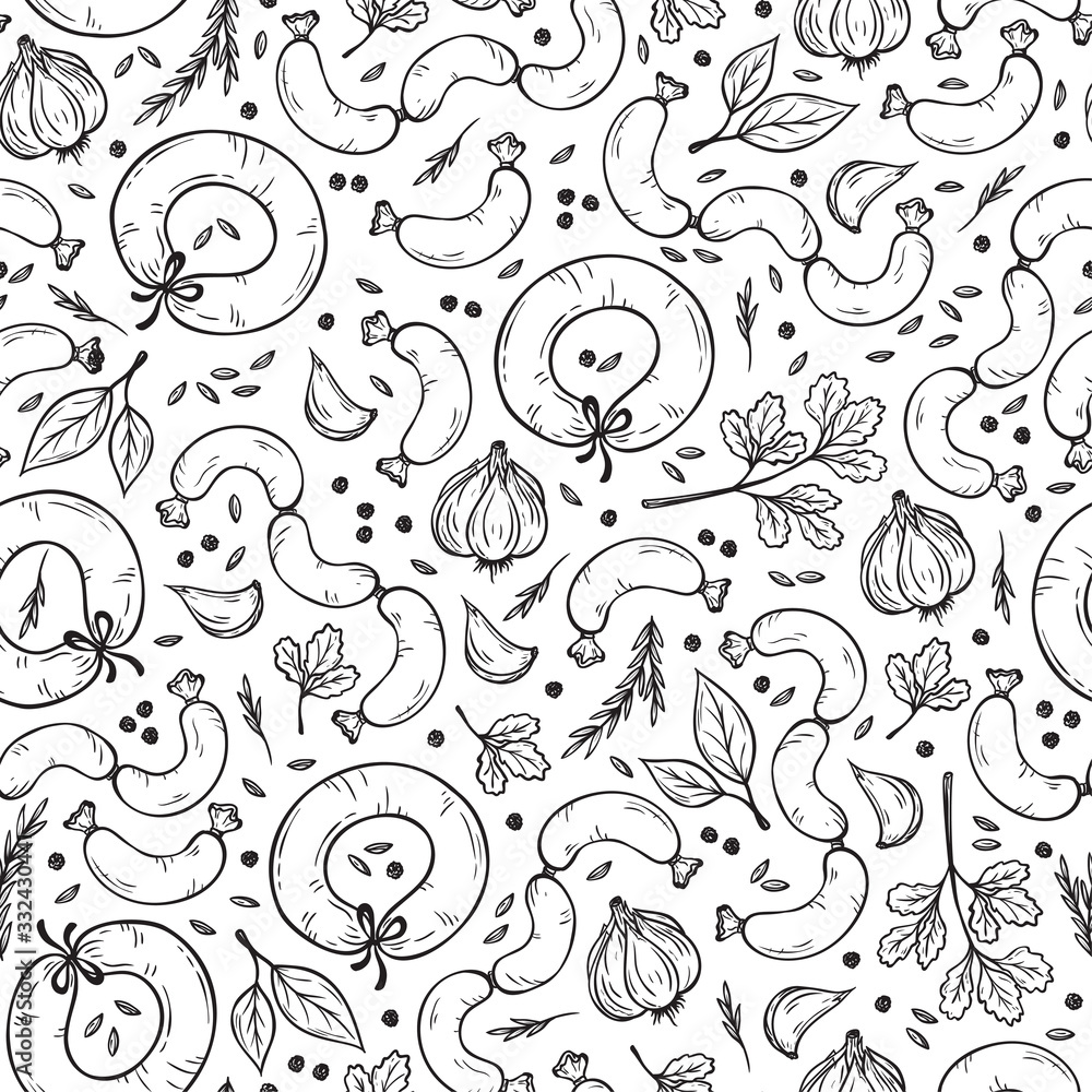 Meat products and seasonings. Vector Food background. Sausages Seamless pattern. Hand drawn Frankfurters and Spices (black peppercorns, caraway seeds, garlic, parsley, bay leaf Meat products and seasonings. Vector Food background. Sausages Seamless pattern. Hand drawn Frankfurters and Spices (black peppercorns, caraway seeds, garlic, parsley, bay leaf
