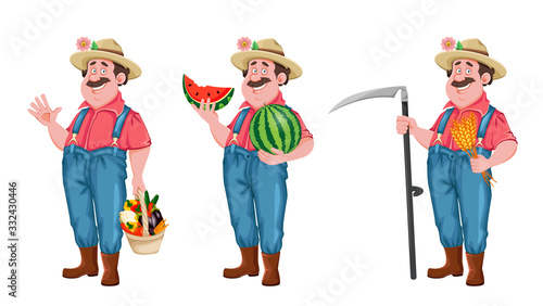 Farmer cartoon character, set of three poses