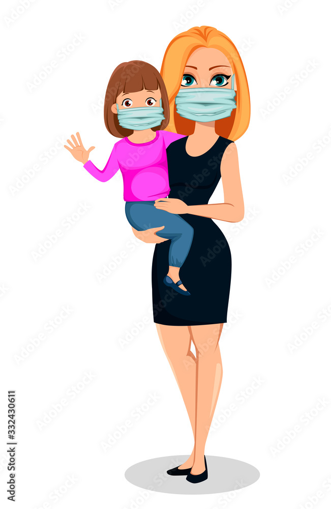 Mother with daughter in medical masks Mother with daughter in medical masks