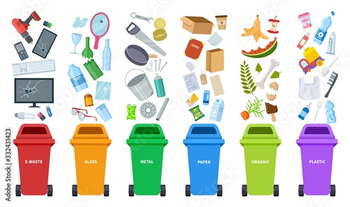 Waste bins. Flat recycling containers, bin sorting trashes. Recyclable glass paper plastic. Types baskets and garbage vector illustration. Container basket, waste garbage, trash plastic and organic