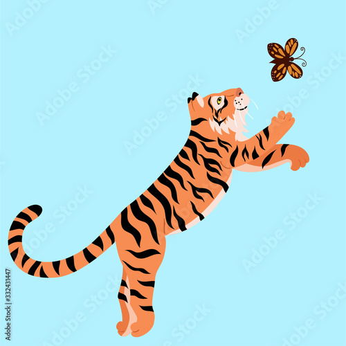 A tiger is playing with a butterfly. Vector graphics