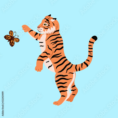 A tiger is playing with a butterfly. Vector graphics