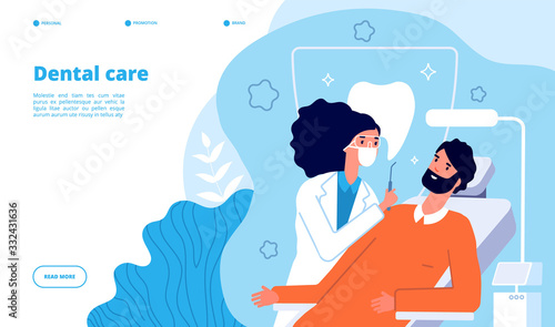 Dental care clinic concept. Oral health and dentistry hygiene. Dentist working, teeth professional hospital and patient vector landing page. Illustration doctor professional dental, treatment and care