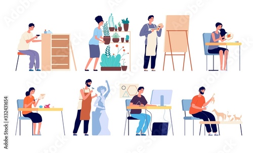 Creative workers. Handicraft people, handmade hobbies. Artist and designer, art embroidery and gardening. Persons with materials vector set. Handmade craftsman, occupation worker hobby illustration
