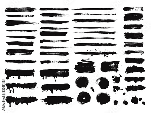 Brush stroke. Spray paint line, dirty ink splashes. Watercolor stain or acrylic grunge artistic scratches. Isolated art shapes vector set. Illustration brush and spray watercolor, stain acrylic dirty