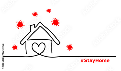 Stay home simple, minimalist black ,red, white web banner,illustration with home and virus. One continuous line drawing. Stay home hashtag.