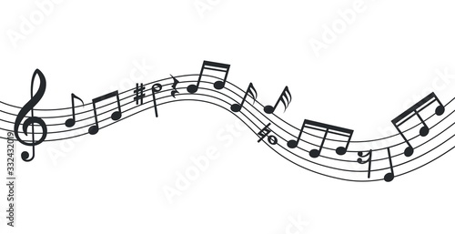 Music note wave. Notes background, musical poster. Isolated abstract stave, treble clef and sound icons. Vector soundtrack illustration. Music note curve, musician line decoration symphony
