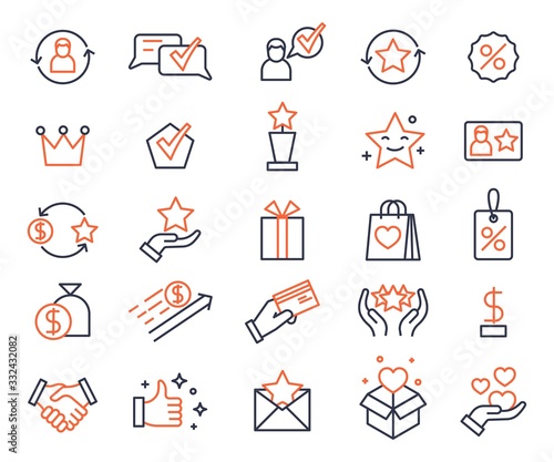 Loyalty program. Shopping bonus system icons. Gifts and rewards for customers, lottery prizes. Exchanging card, marketing vector symbols set. Program bonus, reward and loyalty collect illustration