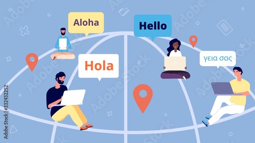International online chat. People communicate over Internet. Remote business team, world wide web and marketing. Communication vector illustration. Chat communication, international connect network