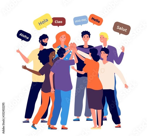 Meeting international friends. Students from different countries together greet native language. Worldwide company employees business meet vector illustration. Meeting international group partner