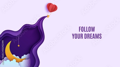 Night sky and heart form hot air balloon in paper cut style. Cut out 3d background with violet and blue gradient cloudy landscape with star on rope and moon papercut art. Vector card illustration.