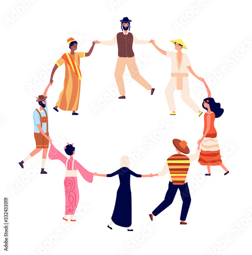 People round dance. Adults friends circle in dancing. Friendship, humans hold hand. Men women together, multicultural society vector concept. Happy society people in round dancing illustration