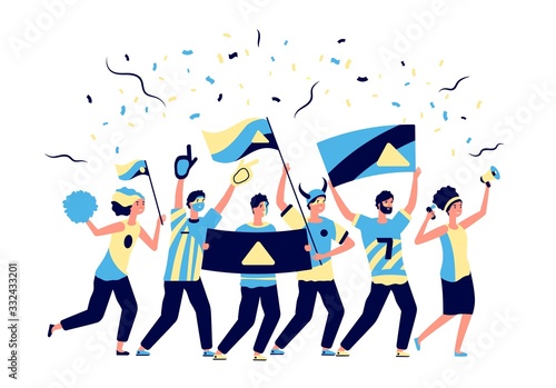 Sport fans. Adults football lovers, cheering with soccer team. Men women, fanatic crowd with flags. Active team support vector illustration. Football fan soccer, cheering shouting, cheer championship