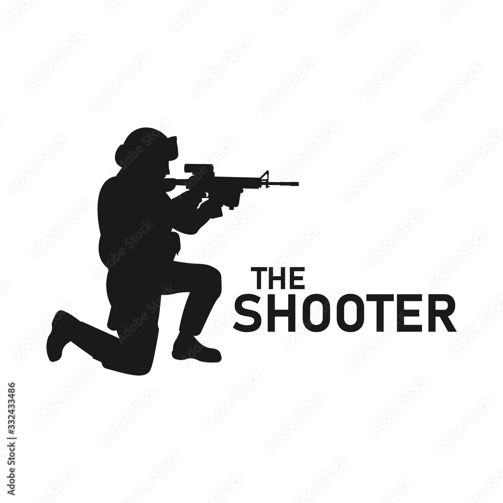 Military soldier aiming weapon silhouette. Sniper training icon. Shooter  with gun sign. Assault rifle shooting symbol. Marine troops concept. SWAT  Police. Navy or marine forces. Vector illustration. Stock Vector