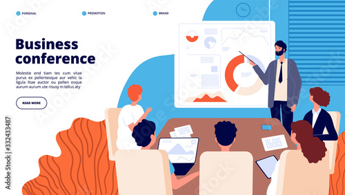 Business conference. Professional discussing, male conference. People working, public speaker or coach. Work meeting vector landing page. Illustration speaker conference, business presentation
