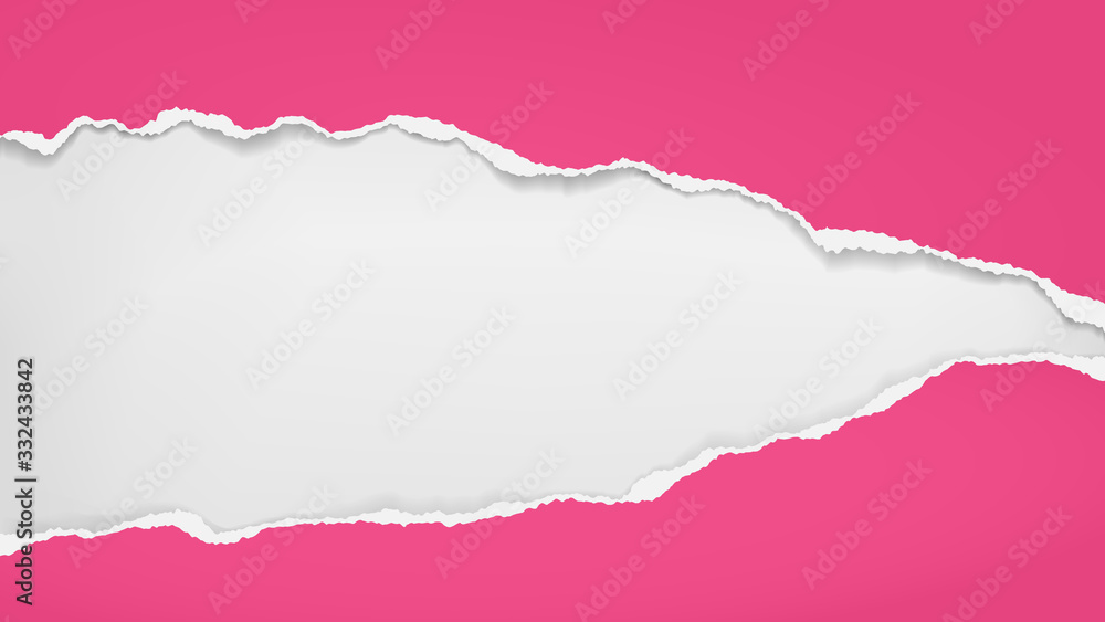 Torn, ripped pieces of horizontal pink paper with soft shadow are on white background for text. Vector illustration