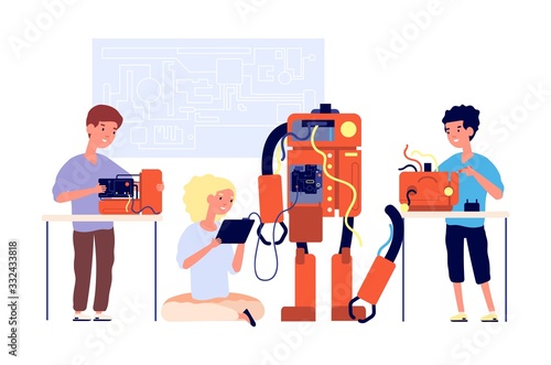 Robotics. Robots presentation, school engineering technology. Children showing cyborg. Young engineer education. Kids project vector concept. Education robot programming, study illustration
