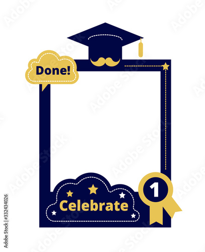 Graduation party. Photo frame props, selfie sticker. Celebration ceremony, college school graduate. Photobooth decoration vector template. Illustration selfie photo booth, sticker photobooth graduate