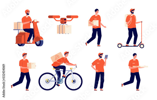 Delivery man. Service boy, courier package. Young postman on bike, male character with pizza. Employee holding box. Postal guys vector set. Box delivery, courier service, boy with package illustration