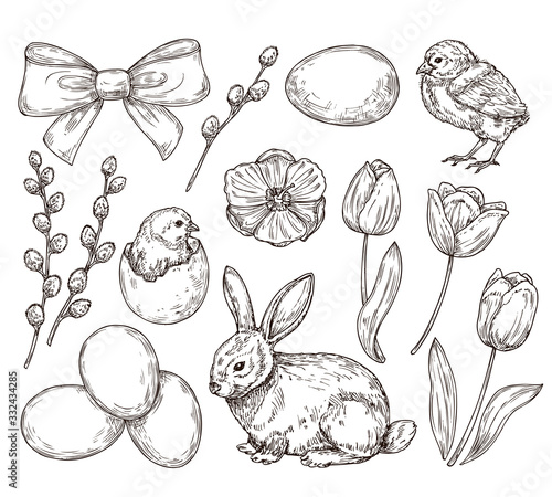 Eggs and chicken. Vintage easter sketch. Hand drawn rustic chicks, bunny. Spring blooming tulips, festive elements. Farm products vector set. Chicken easter sketch, egg spring christian illustration