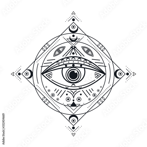 All seeing eye. Black illuminati symbol, providence eyed emblem. Isolated vintage protection occult tattoo. Esoteric vector illustration. Freemason icon, masonic providence alchemy