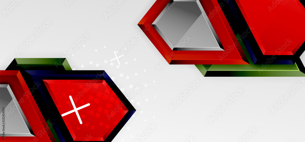 Metal glossy shiny geometric shapes with 3d effect composition. Techno futuristic vector abstract background For Wallpaper, Banner, Background, Card, Book Illustration, landing page