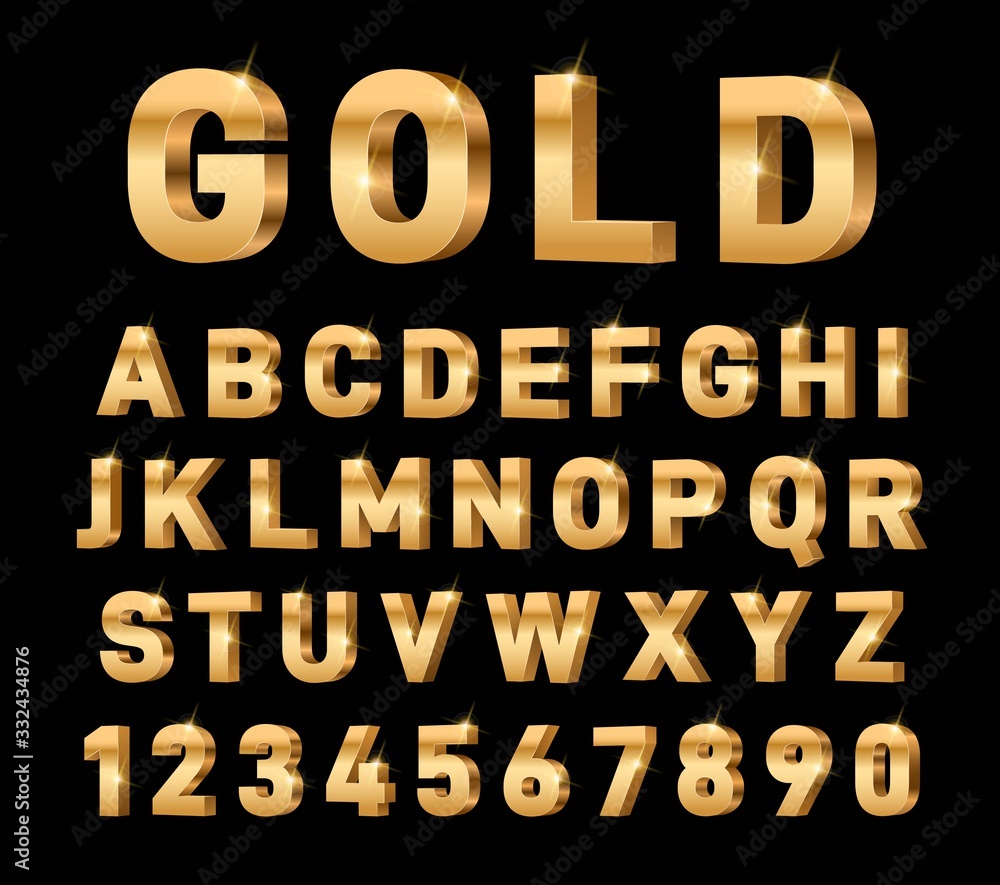 Gold 3d font. Glossy rich alphabet, trendy metal expensive typography elements. Luxury exclusive letters and numbers. Golden text vector set. Typography golden alphabet, typographic illustration