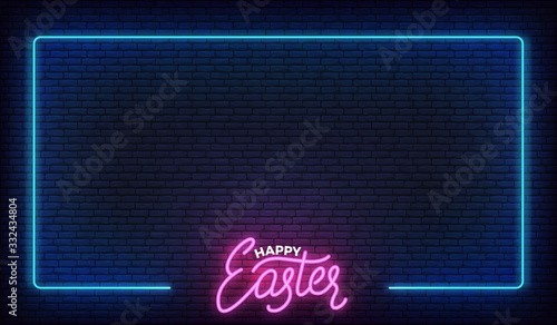 Easter neon background. Easter template with lettering and glowing frame