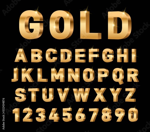 Gold 3d font. Glossy rich alphabet, trendy metal expensive typography  elements. Luxury exclusive letters and numbers. Golden text vector set.  Typography golden alphabet, typographic illustration Stock Vector