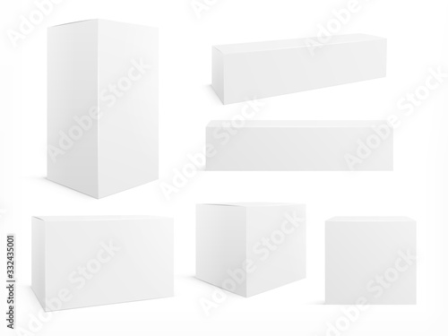 Packaging box. White boxes pack, 3d packages for products. Isolated medical cardboard block. Realistic paper packets vector blank mockup set. Box 3d product package, cardboard packaging illustration