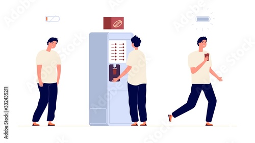Coffee energy. Isolated creative worker need energizer break. Espresso cup, energetic drink for office manager. Happy businessman with cappuccino vector illustration. Work energy, coffee worker