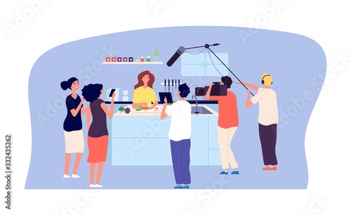 Culinary workshop. Cooking TV show, live streaming. Chef blogger in kitchen, fans and movie makers team vector illustration. Cooking media culinary program, professional television studio