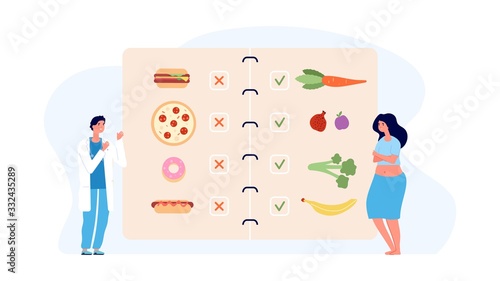 Dietology concept. Doctor and overweight patient, healthy and unhealthy menu. Obesity, food addiction. Sad depressed woman medicine help vector illustration. Doctor patient weight, healthy dietology