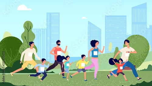 Family marathon. People jogging, woman kids sport lifestyle. Parents and children healthy outdoors exercises. Running competition in park. Health day vector illustration. Family sport jogging outdoor