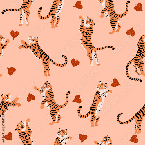 Seamless pattern with jumping tigers and autumn leaves .Vector graphic.