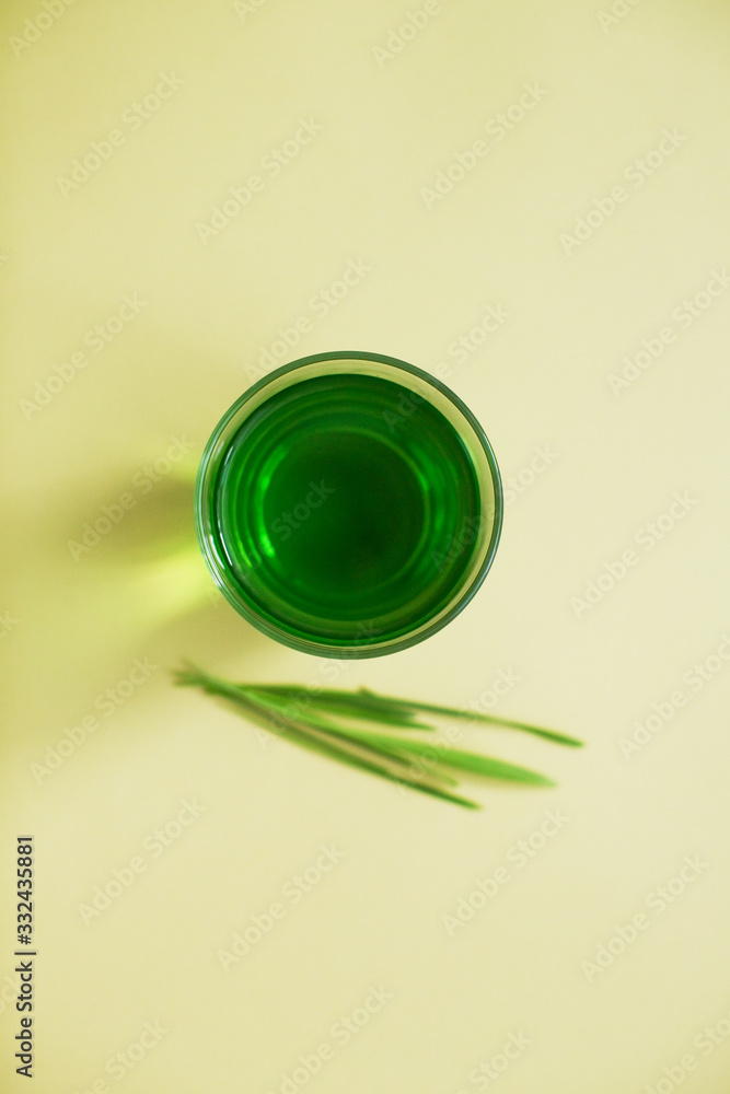 Green organic wheat grass drink and young grass in the green wooden box