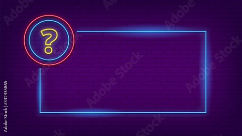 Neon quiz sign. Glow question mark and lighting frame. Party led banner template. Blue web badge vector illustration. Quiz neon mark, answer question banner