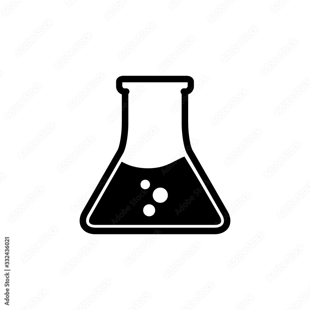 Chemistry flack black icon with substances and bubbles. Vector illustration isolated on white. Laboratory equipment for science, medicine and biology. Chemistry flack black icon with substances and bubbles. Vector illustration isolated on white. Laboratory equipment for science, medicine and biology.
